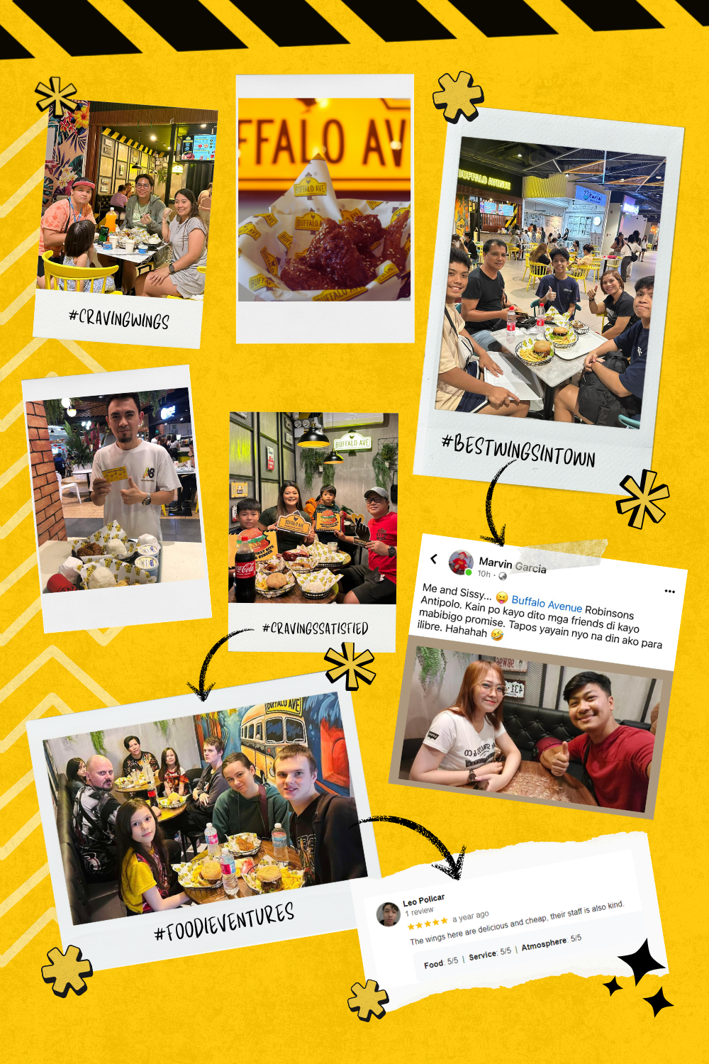 Photo collage of satisfied Buffalo Avenue customers enjoying wings and food, featuring testimonials, 5/5 reviews, and hashtags like #BESTWINGSINTOWN and #CRAVINGWINGS at the Robinsons Antipolo branch.