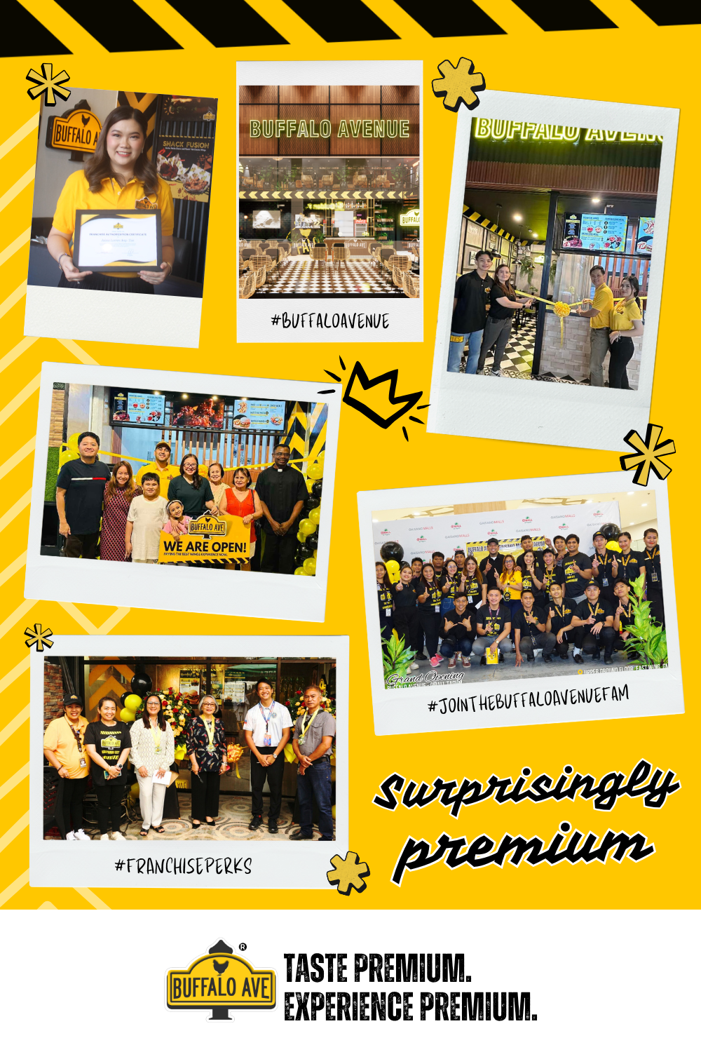 Photo collage of satisfied Buffalo Avenue customers enjoying wings and food, featuring testimonials, 5/5 reviews, and hashtags like #BESTWINGSINTOWN and #CRAVINGWINGS at the Robinsons Antipolo branch.