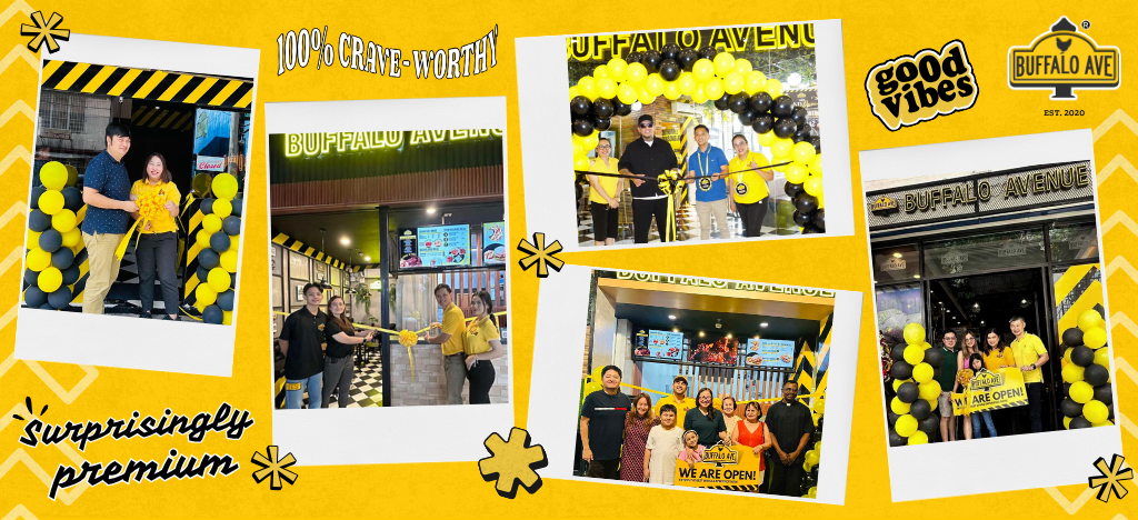 Photo collage showing Buffalo Avenue store opening events, staff, brand slogan ("100% Crave-Worthy," "Surprisingly Premium"), and team photos at various franchise locations.