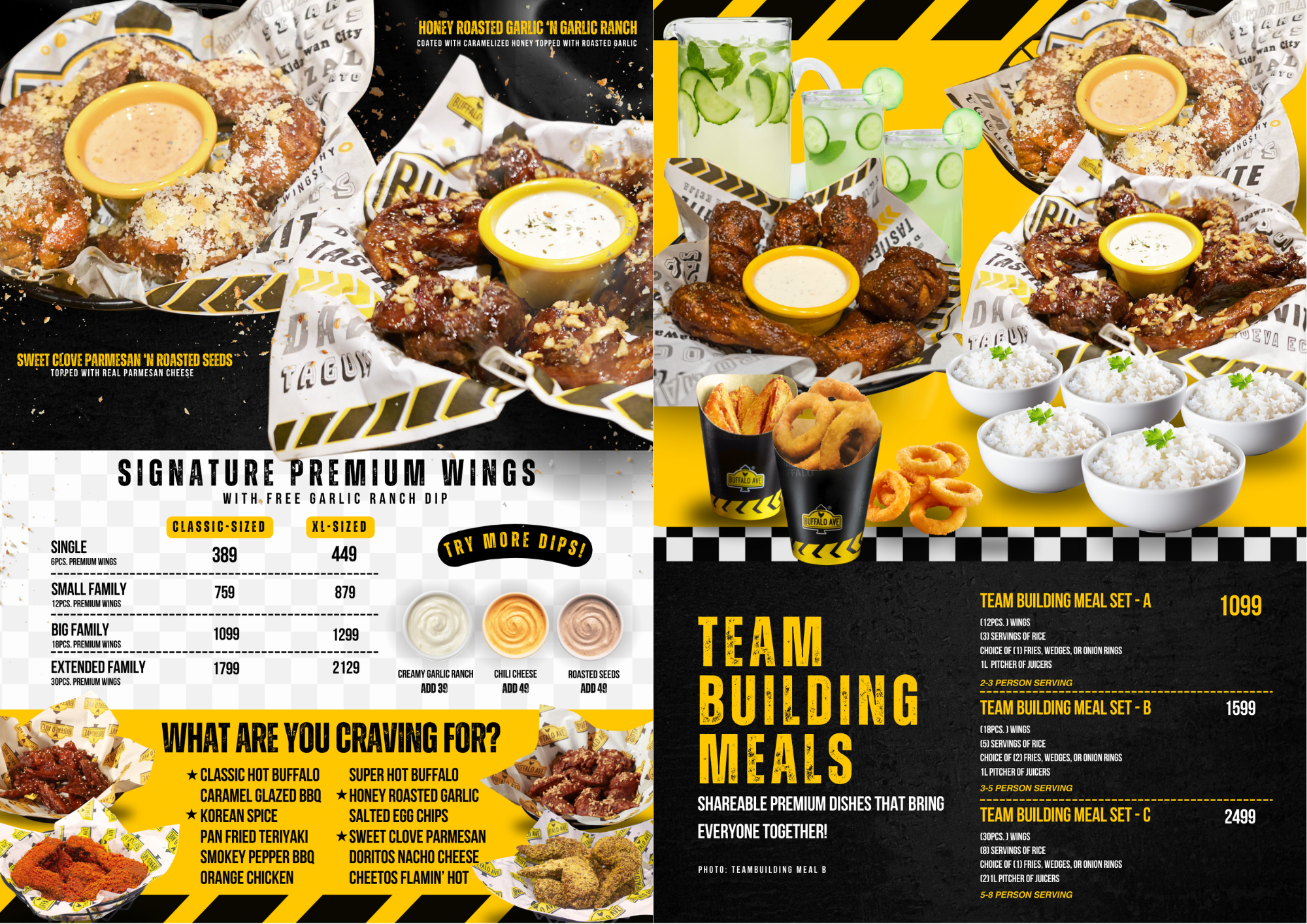 Buffalo Avenue "Certified Surprisingly Premium" quality image, showcasing premium wings, burgers, and sides with no service charge.