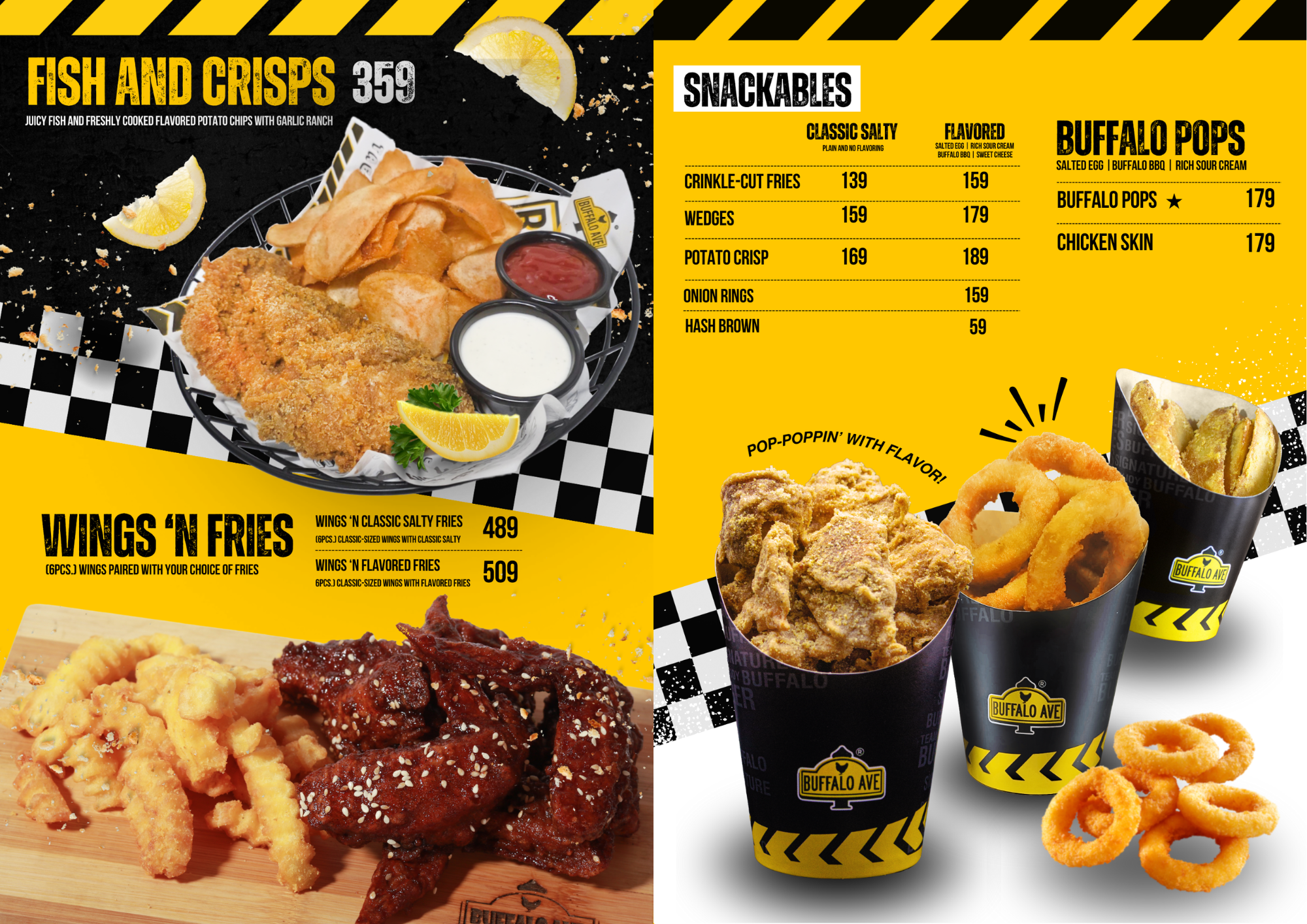 Buffalo Avenue "Certified Surprisingly Premium" quality image, showcasing premium wings, burgers, and sides with no service charge.