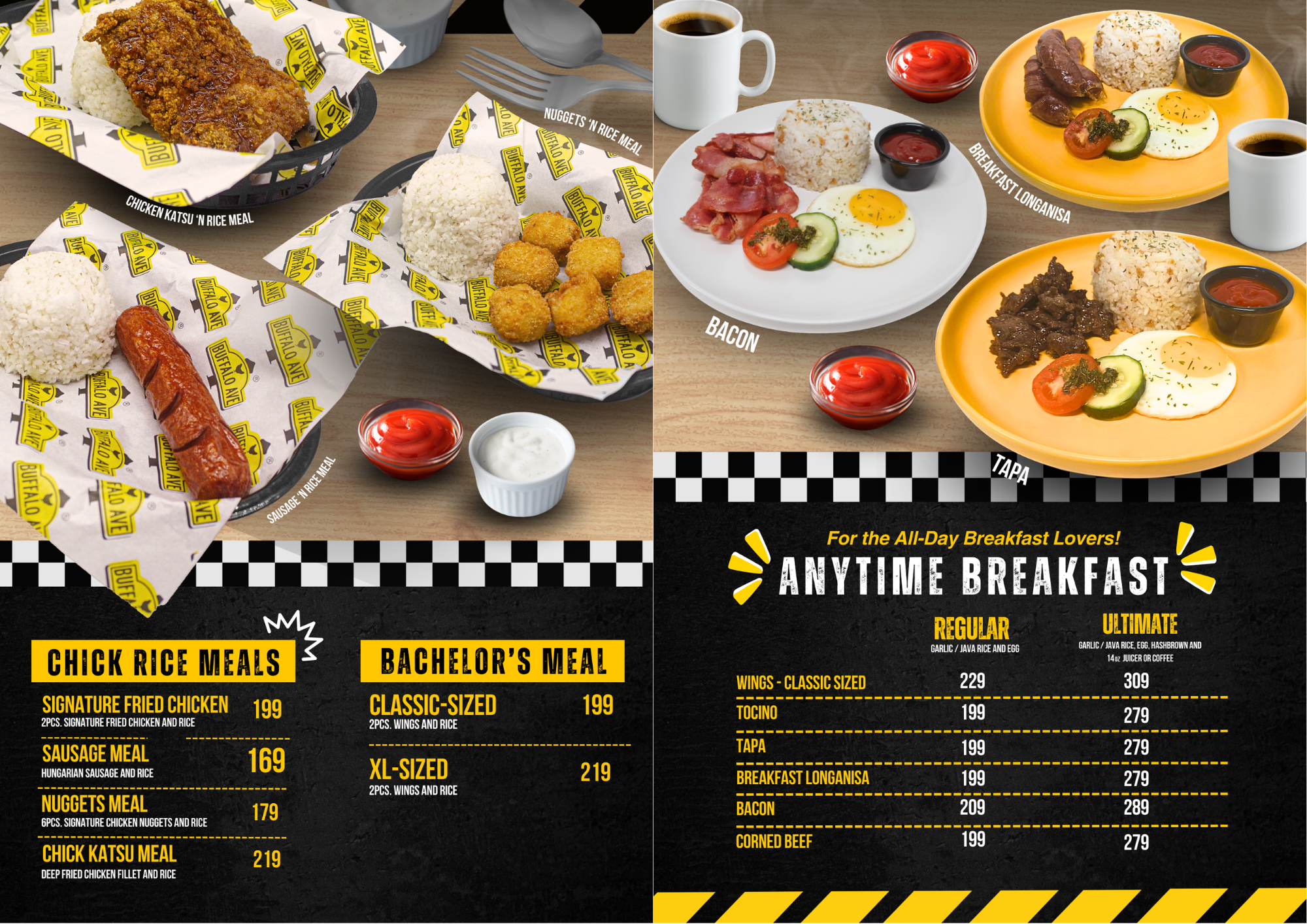 Buffalo Avenue "Certified Surprisingly Premium" quality image, showcasing premium wings, burgers, and sides with no service charge.