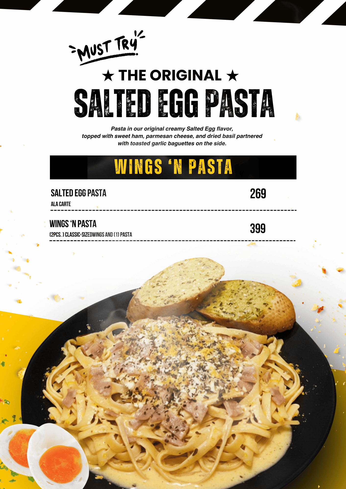 Buffalo Avenue Menu featuring Chicken Meals, creamy Salted Egg Pasta, and the juicy Buffalo Burger, available at SM Southmall, Metro Vigan, Gaisano Mall of Tagum, and all other Philippines branches.