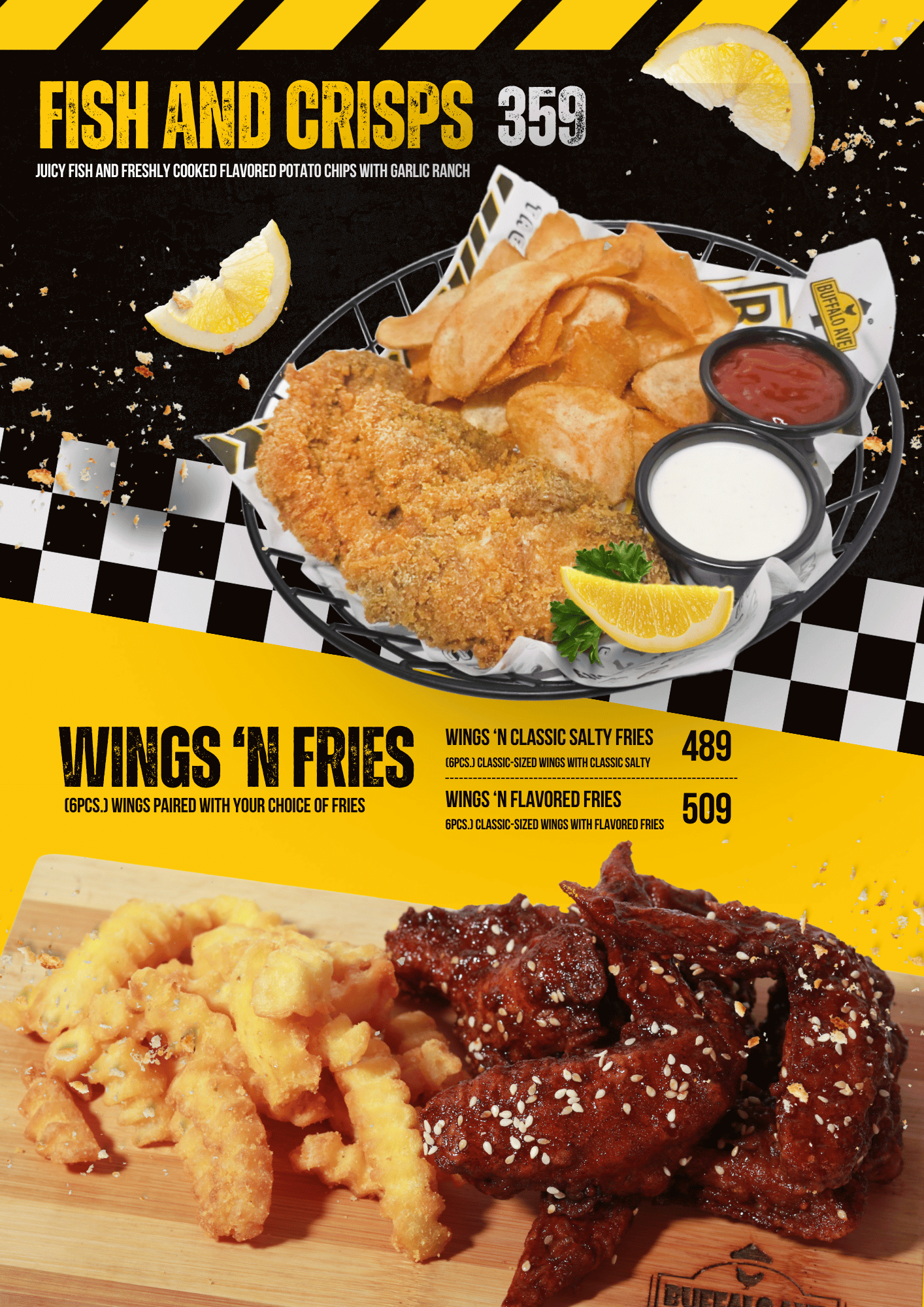 Buffalo Avenue Menu featuring Fish and Crisps with garlic ranch, and Wings 'N Classic Salty Fries combos; available at branches in Greenfield District, SM Southmall, SM Center Imus, Robinsons Antipolo, Metro Vigan, and Gaisano Mall of Tagum.