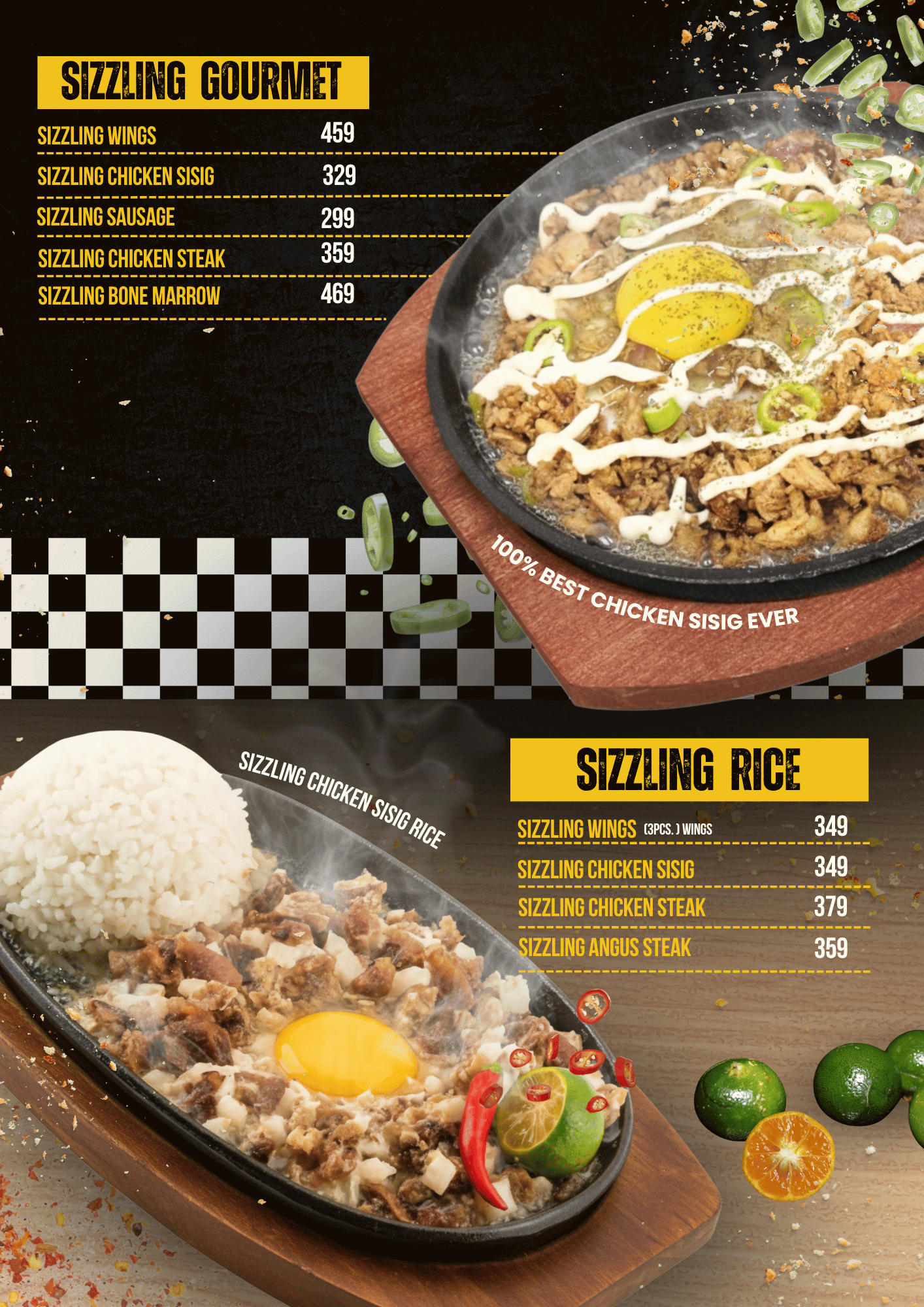 Buffalo Avenue Sizzling Gourmet and Sizzling Rice menu: Sizzling Chicken Sisig, Sizzling Bone Marrow, and Sizzling Chicken Steak; available at all branches including SM Center Imus, Metro Vigan, Kidapawan City, and Gaisano Mall of Tagum.