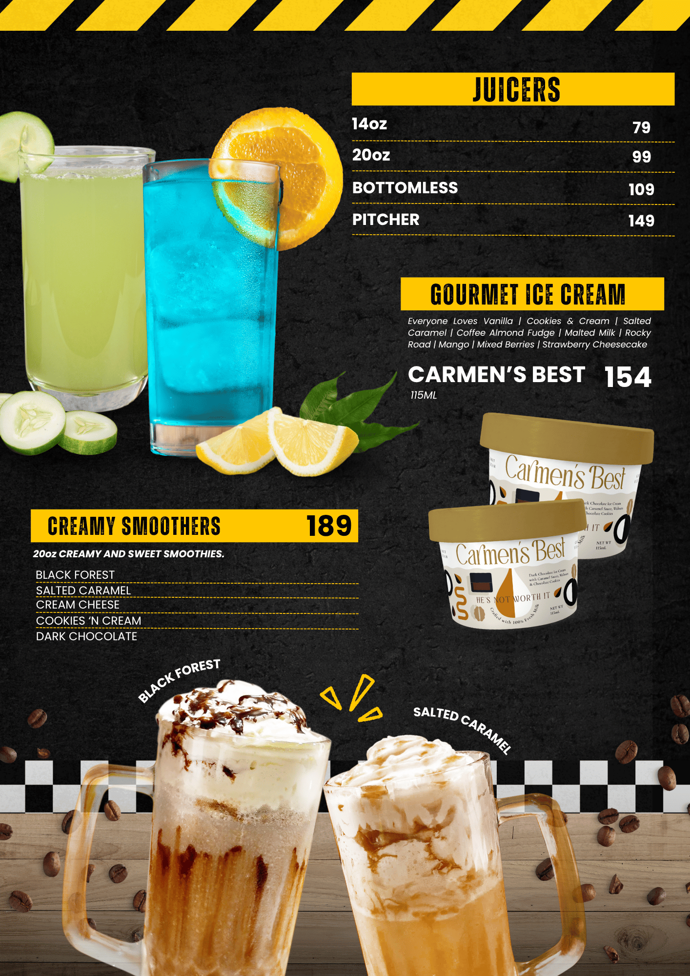 Buffalo Avenue Beverages and Desserts Menu: Creamy Smoothers (Salted Caramel, Dark Chocolate), Juicers (Bottomless option), and Carmen's Best Ice Cream; available at branches in Greenfield District, SM Southmall, Robinsons Antipolo, and Metro Vigan.