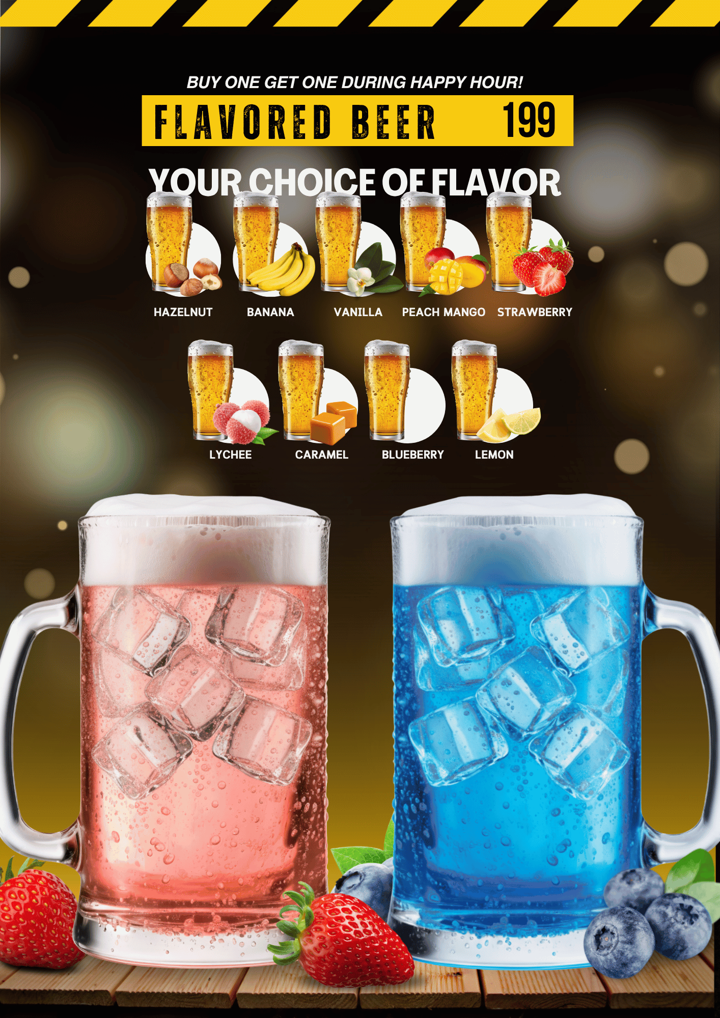 Buffalo Avenue Flavored Beer menu: Buy One Get One Happy Hour deal with flavors including Hazelnut, Banana, Peach Mango, Lychee, and Caramel; available at branches in SM Southmall, SM Center Imus, Robinsons Antipolo, and Greenfield District.