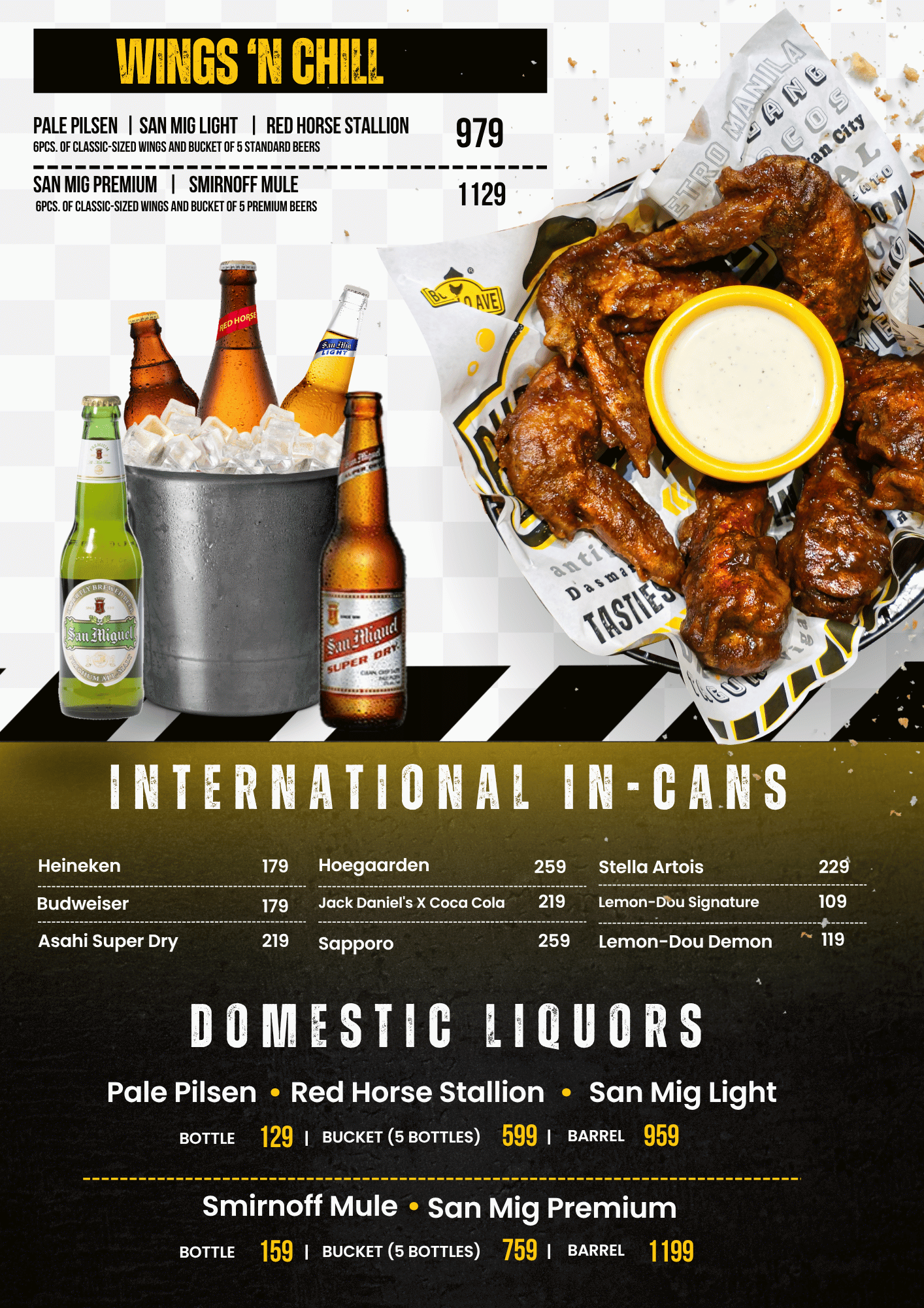 Buffalo Avenue Wings 'N Chill (wings and beer bucket combo) menu, featuring Pale Pilsen, Red Horse Stallion, and International In-Cans (Heineken, Budweiser); available at all branches including SM Southmall, Metro Vigan, Kidapawan City, and Gaisano Mall of Tagum.