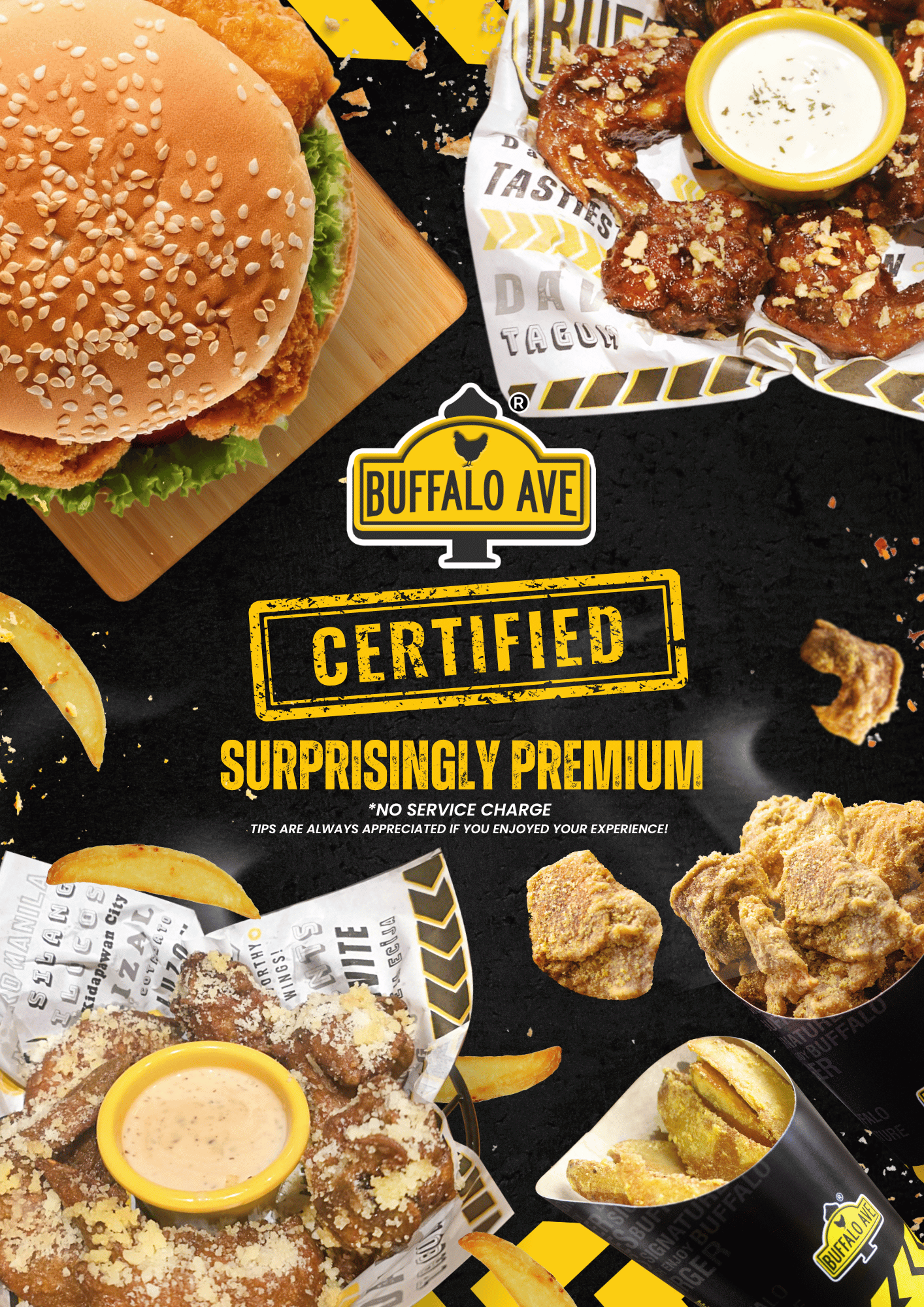 Buffalo Avenue "Certified Surprisingly Premium" quality image, showcasing premium wings, burgers, and sides with no service charge.